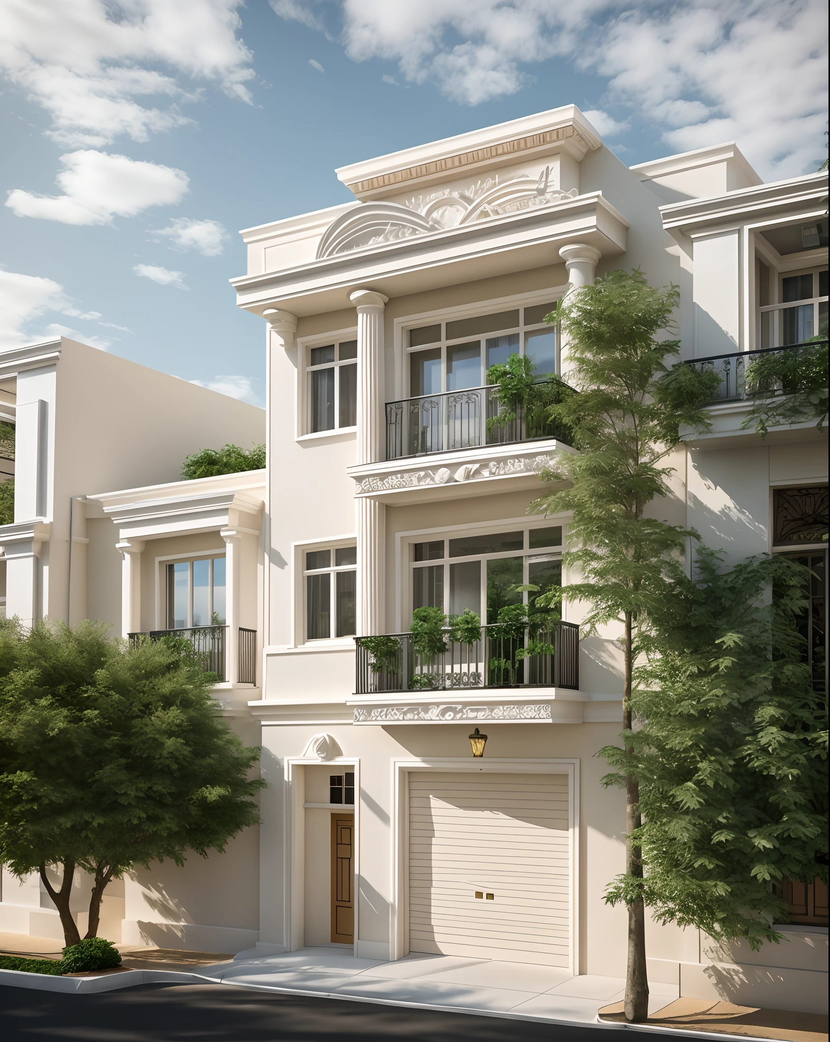 arafed building with a garage and a lot of windows, neo - classical style, neoclassical style, neo - classical, neo-classical, neoclassicism style, neo classical architecture, modern lush condo as shopfront, building facing, architectural rendering, neoclassical architecture, classicism style, architectural render, realistic building, freddy mamani silvestre facade