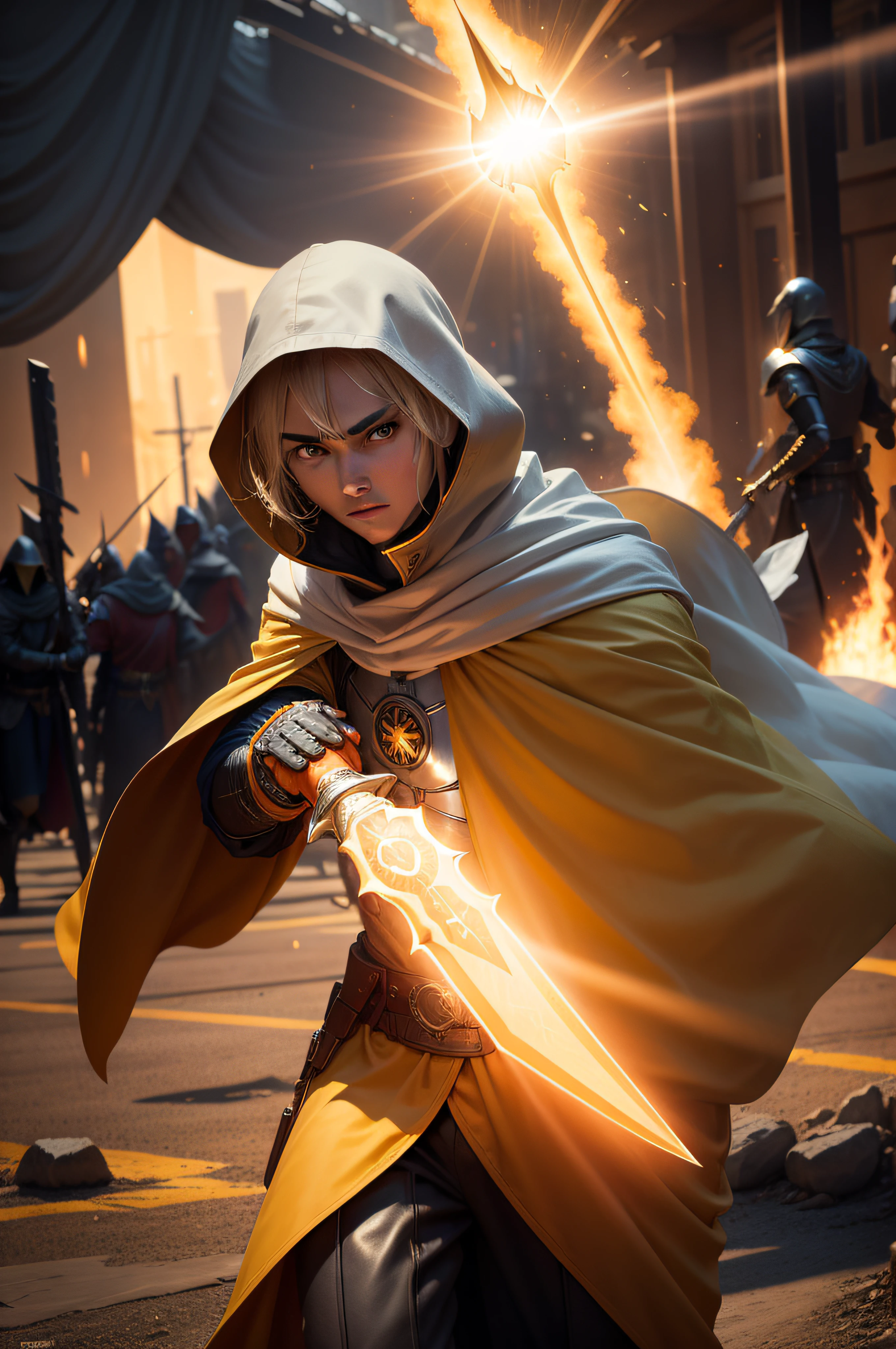 Knight man wearing templar clothes, yellow and orange {{{holding a sword}}} (cloak:1.2), with a sun symbol white tunic with sun symbol on chest, sci-fi weapons, explosions, city on fire in background, portrait- Deep Focus yellow lighting, 400mm f/5.6 Multicolored --aspect 5:4 --s 750 --v 5.2