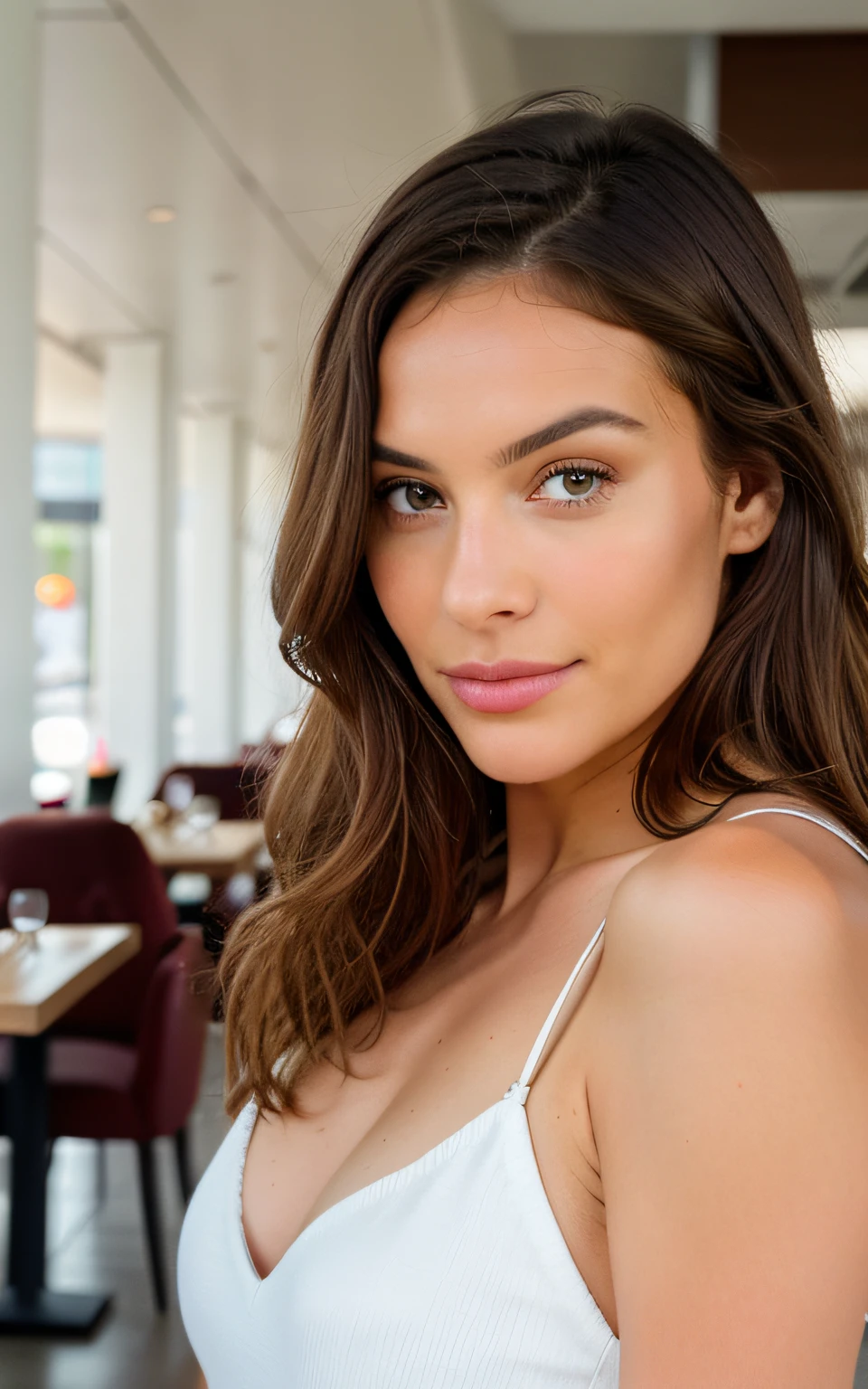 Belle brune portant un pull beige (Lunch in a modern restaurant), Very detailed, 30 ans, visage innocent, cheveux longs, natural wavy, yeux bleus, High resolution, Masterpiece, Best quality, Intricate details, highly detailed, mise au point nette, detailed skin, realistic skin texture, texture, detailled eyes, professionnel, 4K, sourire charmant, filmed on Canon, 85 mm, faible profondeur de champ, Couleur Kodak Vision, perfect fit body, Extremely detailed, photographier_\(ultra\), photoreallistic, Realstic, Post-traitement, Maximum details, roughness, real life, ultra realist, photorealism, photographie, 8K UHD, photographie