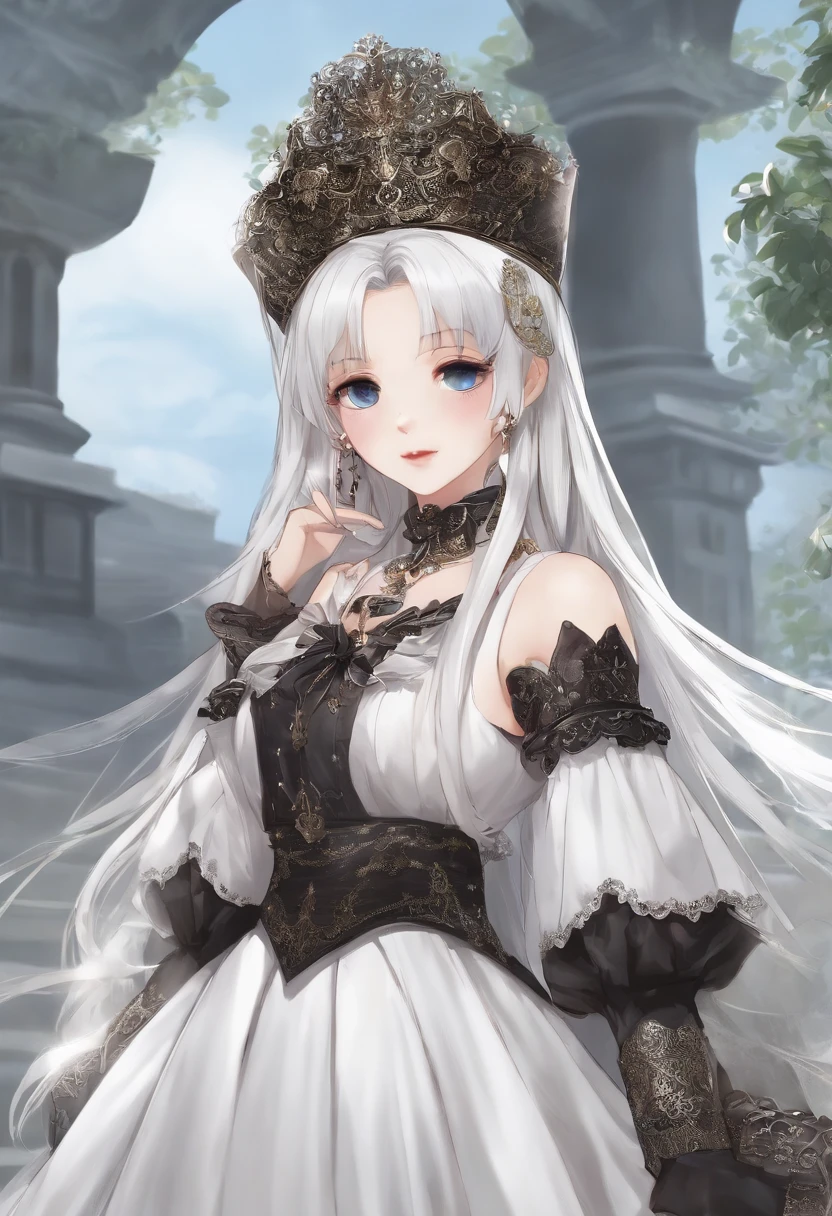 ((Masterpiece)), (highest quality))), (Character design sheet, national costume, same character, front, side, back), illustration, 1 girl, full body, silver hair, eye hair, beautiful eyes, princess cut, environmental change scene, short skirt, shyness, woman, girl, standing, goth , V-tuber, chartaan betarola, (simple background, white background: 1.3) ( Masterpiece:1.2), (Best Quality:1.3)