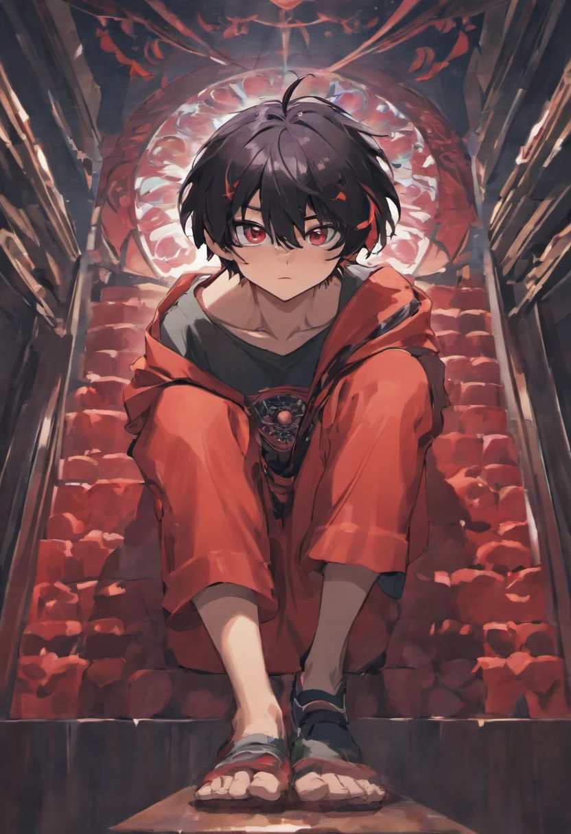 Describe a teenage boy with black hair and crimson rose-like eyes. Who is sitting with his right leg on top of his left leg and his hands holding his head like an antagonist in a fictional story