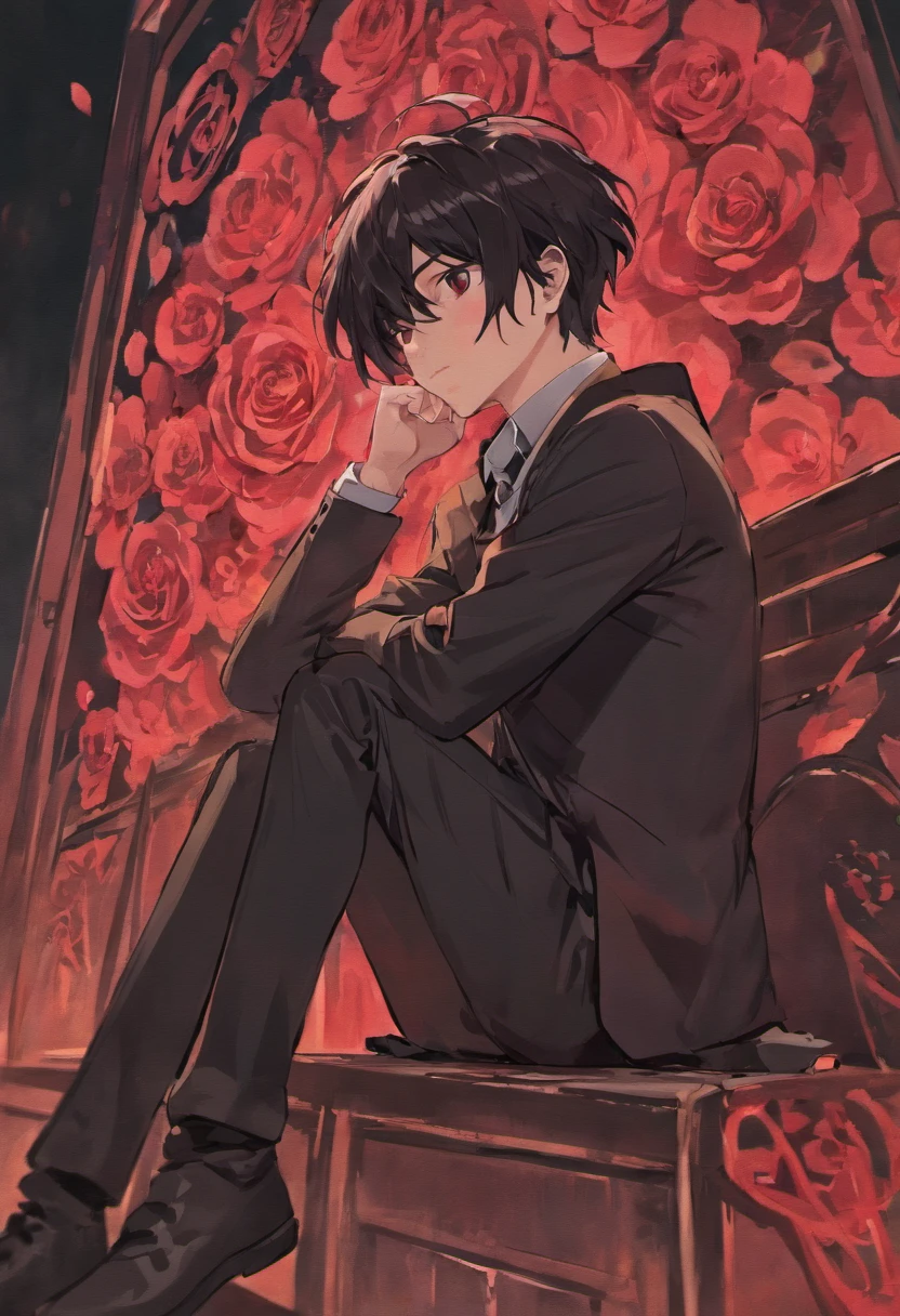 Describe a boy with black hair and crimson rose-like eyes. Who is sitting with his right leg on top of his left leg and his hands holding his head like an antagonist in a fictional story