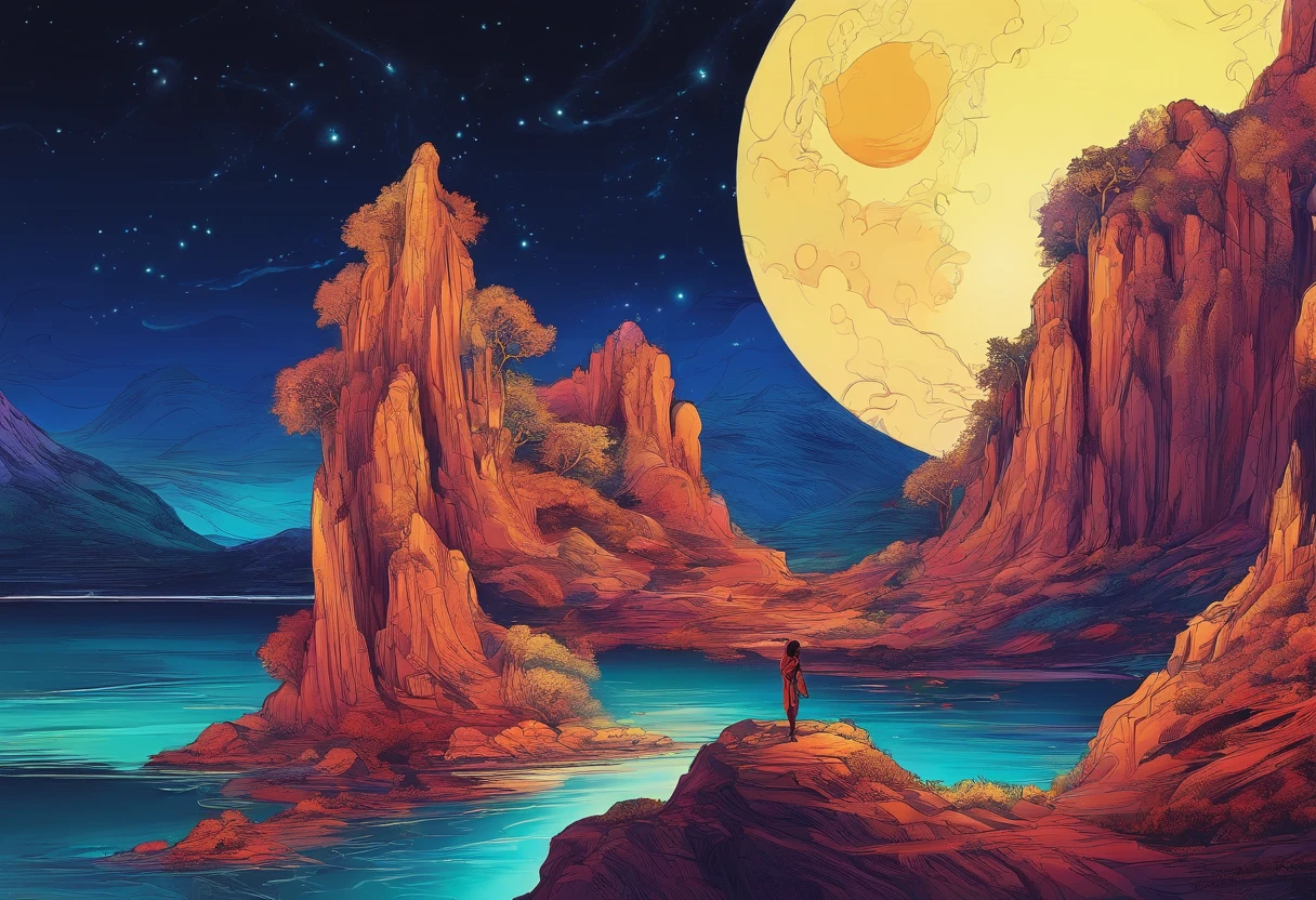 (Tang Feng),(A cliff illuminated by a huge moon),A poet standing on the edge of a cliff,Dark blue fluorescence,Drinking alcohol to the month,(Taolin),Ultra-long-range viewing angle,Late night background,Quiet