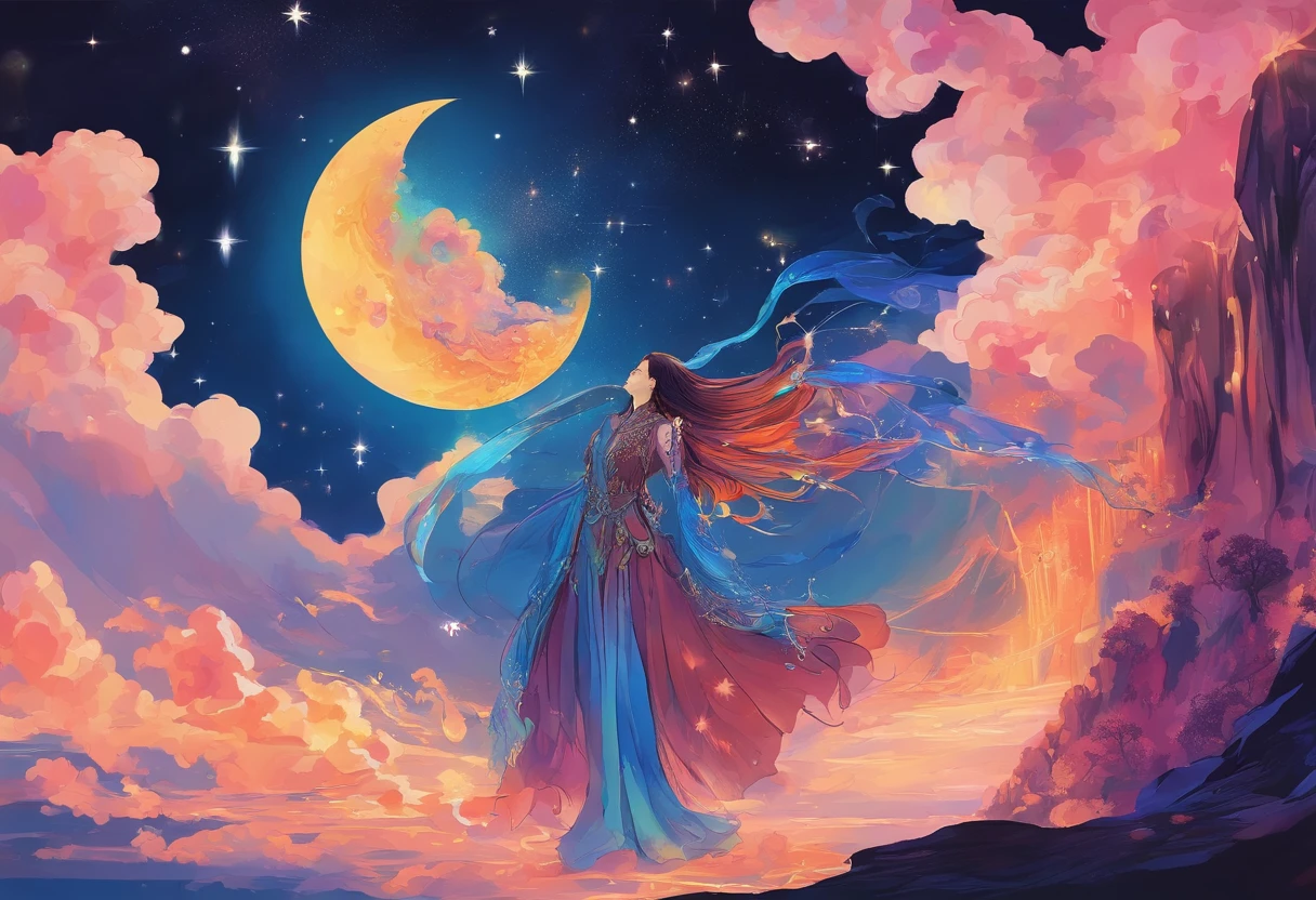 (Tang Feng),(A cliff illuminated by a huge moon),A poet standing on the edge of a cliff,Dark blue fluorescence,Drinking alcohol to the month,(Taolin),Ultra-long-range viewing angle,Late night background,Quiet
