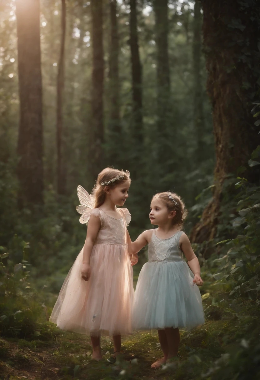 6 YEAR OLDS DRESSED AS FAIRIES, NIGHTTIME, NATURE, MOONLIGHT, 8K, detailed matte painting, deep color, fantastical, intricate detail, splash screen, complementary colors, fantasy concept art, 8k resolution trending on Artstation Unreal Engine 5,upper body