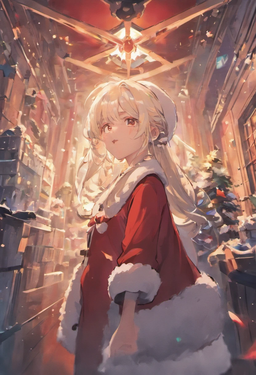Santa rubbed his head in confusion,Ellara gave him a funny smile,Frey grimaced at the song "Rock star" Snowman on background.