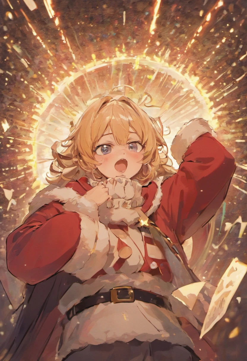 Santa rubbed his head in confusion,Ellara gave him a funny smile,Frey grimaced at the song "Rock star" Snowman on background.