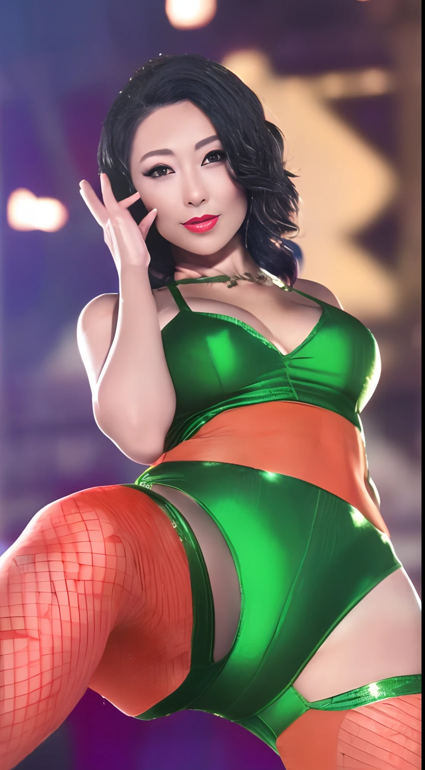 masterpiece, (hyperrealistic:1.2), (professional photograpy:1.1), background blur, 1girl, 25 years old, KPOP Idol, close mouth, front view from extremely low angle, (cameltoe:1.2), see-through shiny sleeveless clothing, high waist  high leg glittery short shorts, partially unbuttoned shirt, smooth pantyhose, panties seeing through legs,  Makeup, (Lipstick: 1.1), (Eyeliner: 1.2), Mascara, Eyeshadow, Wavy Hair, cleavage, huge breast, extremely detailed skin, concert, (standing and spread legs:1.25),front low angler surface light,