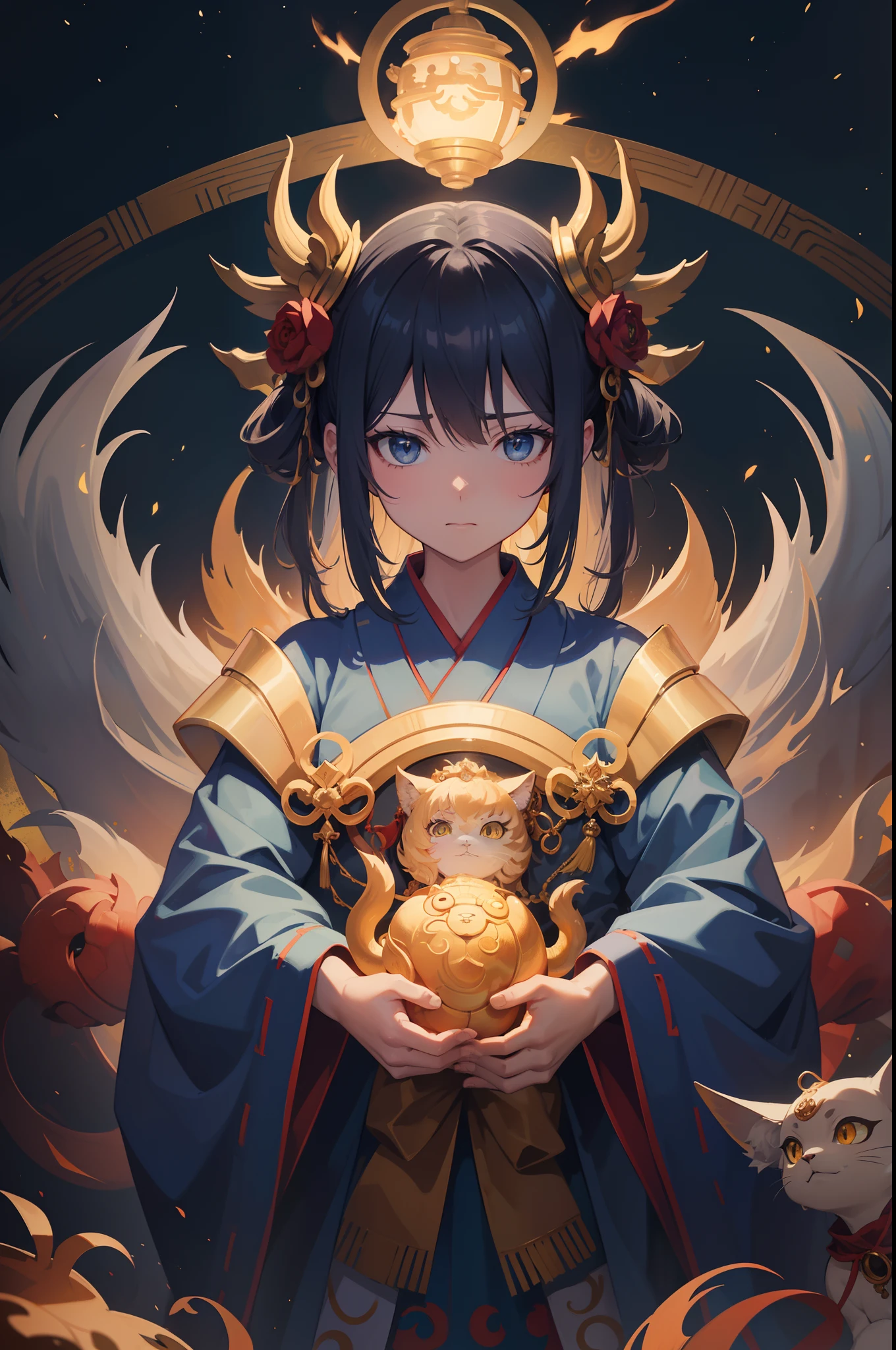 Create exquisite illustrations reminiscent of Makoto Shinkai's style, It features ultra-fine details and top-notch quality to create illustrations in which four creatures appear in front of the priestess, Looking down at her.
Blue Ghost (Blue Ghost): Draw a terrifying blue demon, Face like a mask, Looking down menacingly at the priestess.
Golden Komainu Monster (Golden Komainu): Place the Komainu Monster, Engulfed in golden flames, Right of the Blue Demon. I open my mouth a little and explain, As if mocking a priestess.
Catfish-like creatures (Catfish-like monsters): Place creatures similar to Ikutsu, By hand, It is located low on the left side of the Komainu. Its color must be gray. You should be looking at the priestess with curiosity or concern.
Cat (Cats): Drawing a cat under a catfish-like creature, Silently staring at the priestess.