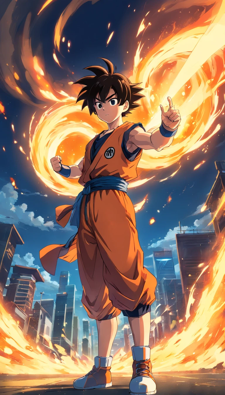 One guy,Dragon Ball painting style,Akira Toriyama painting style,fire force+vapour+Mist Goku, The top is broken, Saiyans full of blazing flames and pyrotechnic skills,actionpose,full bodyesbian,(火焰:0.7),Proficient special effects processing,High detail
