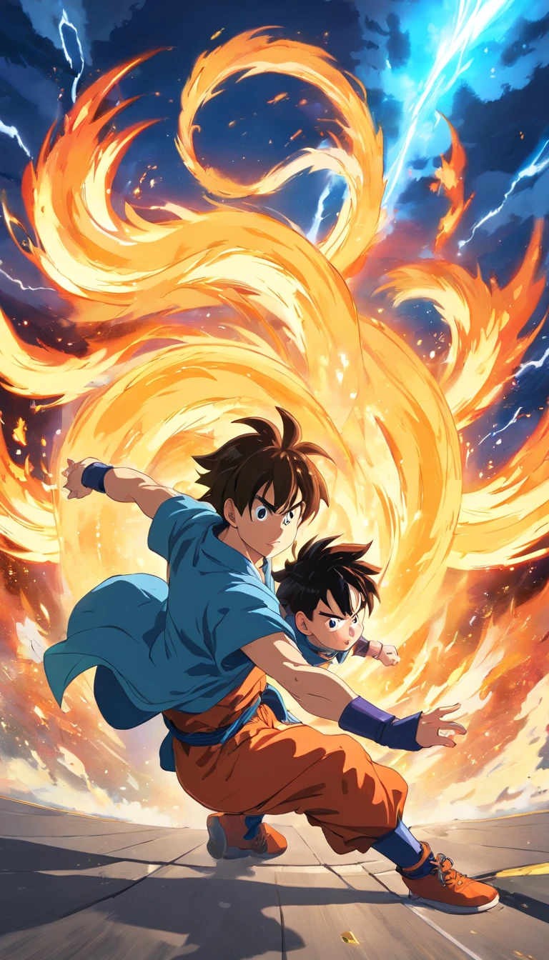 One guy，Dragon Ball painting style，Akira Toriyama painting style，fire force+vapour+Mist Goku, The top is broken, Saiyans full of blazing flames and pyrotechnic skills，actionpose，full bodyesbian，（火焰：0.7），Proficient special effects processing，High detail