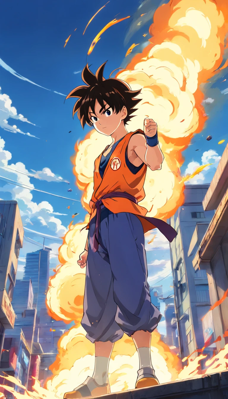 One guy,Dragon Ball painting style,Akira Toriyama painting style,fire force+vapour+Mist Goku, The top is broken, Saiyans full of blazing flames and pyrotechnic skills,actionpose,full bodyesbian,(火焰:0.7),Proficient special effects processing,High detail