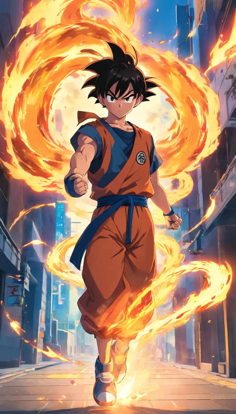 One guy,Dragon Ball painting style,Akira Toriyama painting style,fire force+vapour+Mist Goku, The top is broken, Saiyans full of blazing flames and pyrotechnic skills,actionpose,full bodyesbian,(火焰:0.7),Proficient special effects processing,High detail