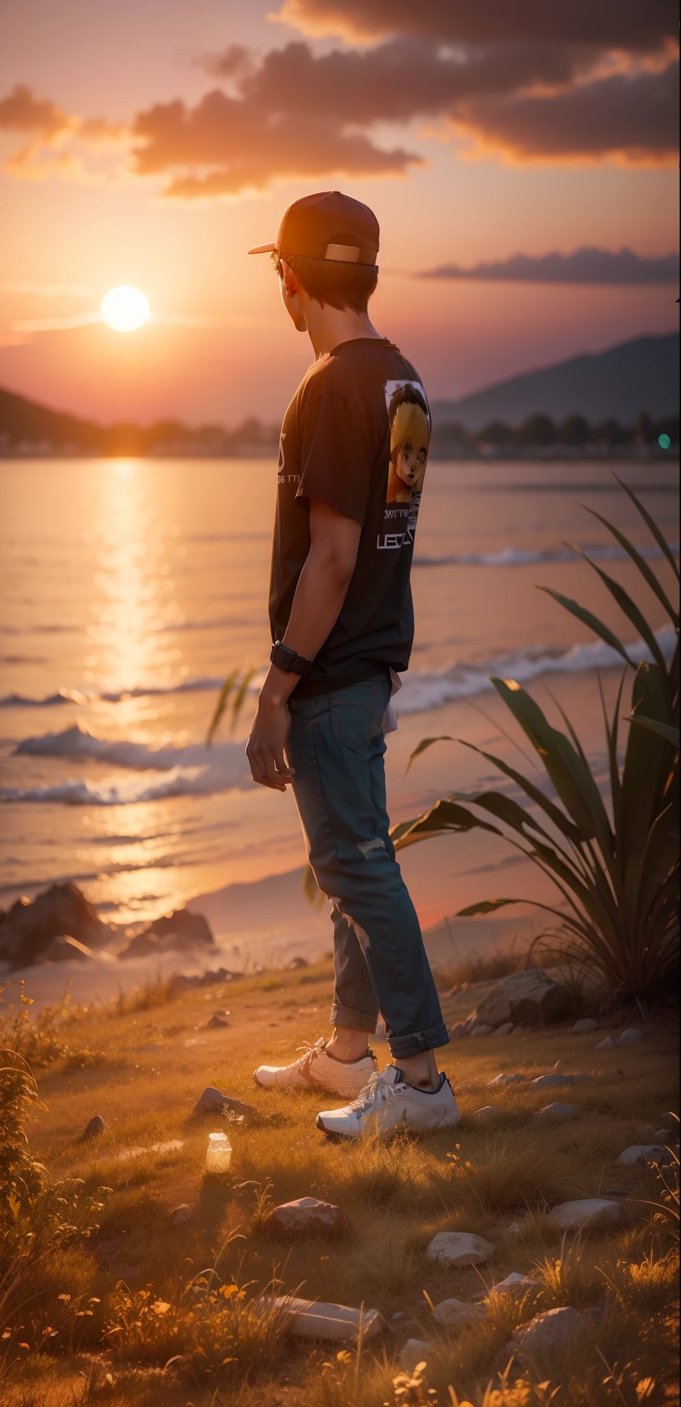 Change background sunset realistic face teenager boy