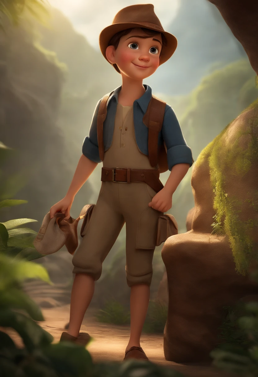 movie picture quality,style of disney animation,A little boy in a cave,Wearing archaeological overalls,short detailed hair,With a hat on,leather shoes,depth of fields,high light,Real light,Ray traching,oc rendered,Hyper-realistic,best qualtiy,8K,Works of masters,super-fine,Detailed pubic hair,Correct anatomy,sharp focus on eyes,Bokeh,Facial features are carefully depicted