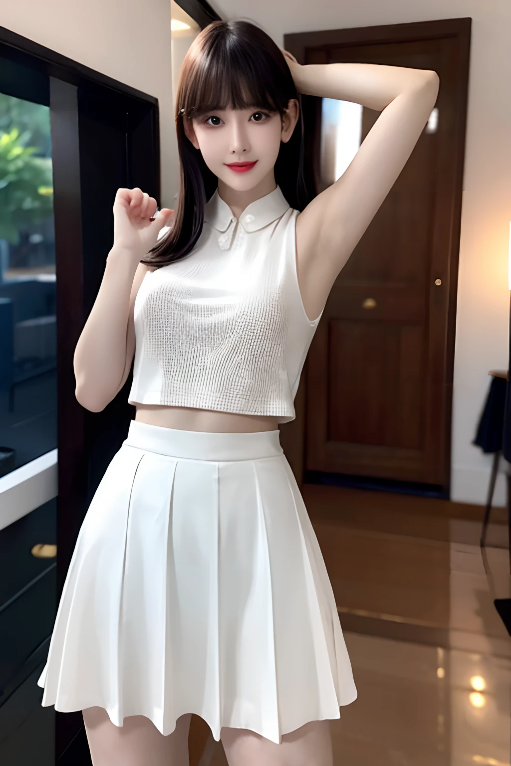 Shiny tight skirt、raise arms、Show armpits、Turn up your skirt、Long body、A slender、Inside the city、adult woman、adult lady、skin-tight