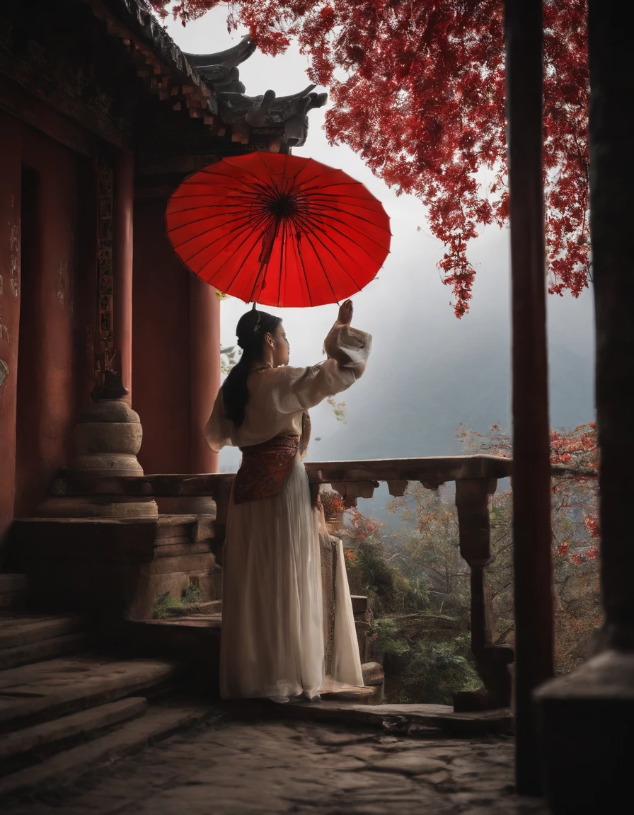 Girl in Hanfu,With an umbrella,Behind her is the temple,Walking alone in heavy rain,In the distance are mountains and waterfalls,tmasterpiece,Masterpiece,rich details,HDR