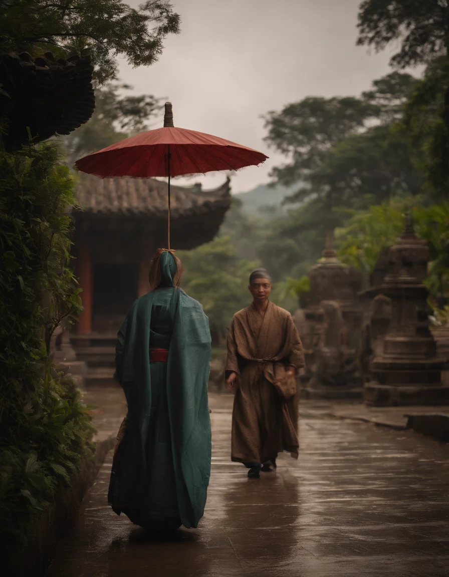 Girl in Hanfu,With an umbrella,Behind her is the temple,Walking alone in heavy rain,In the distance are mountains and waterfalls,tmasterpiece,Masterpiece,rich details,HDR