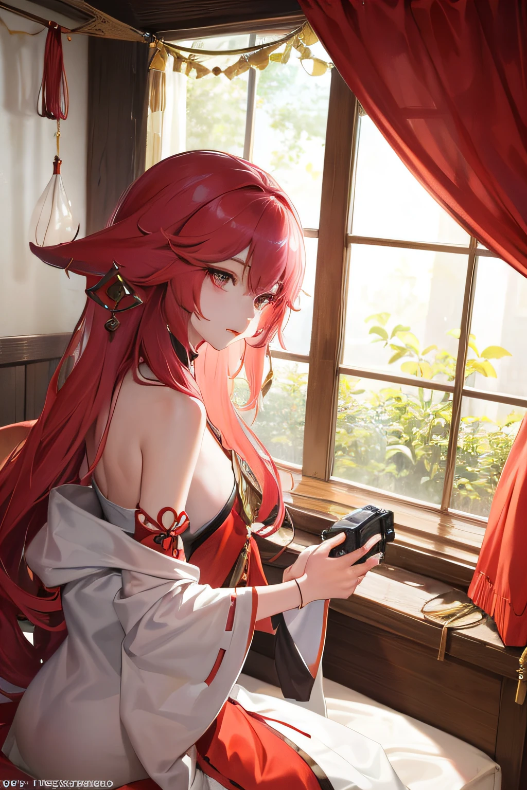 Fantasy Documenting Yae Miko as she gracefully changes her attire in the soft morning light, within the confines of her cozy bedroom, wielding a mirrorless camera and a prime lens, capturing the intimacy of lifestyle photography