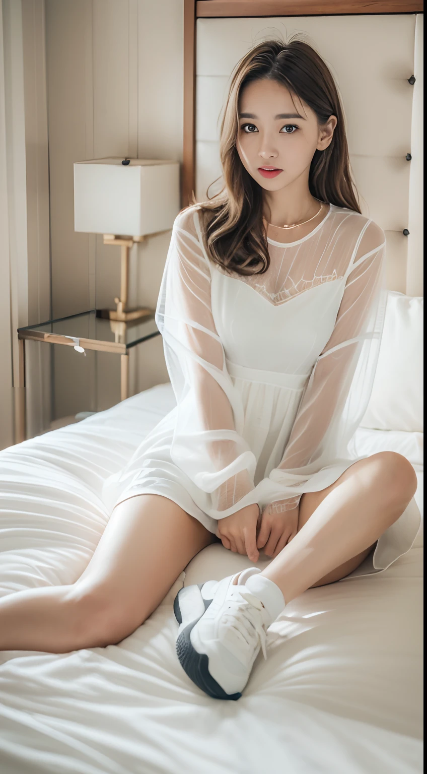 ((Best picture quality, 8K, tmasterpiece:1.3)), 1girll,(white dresses:1.3),(wet see through clothes:1.4),(athletic sneakers:1.3),sit on a bed