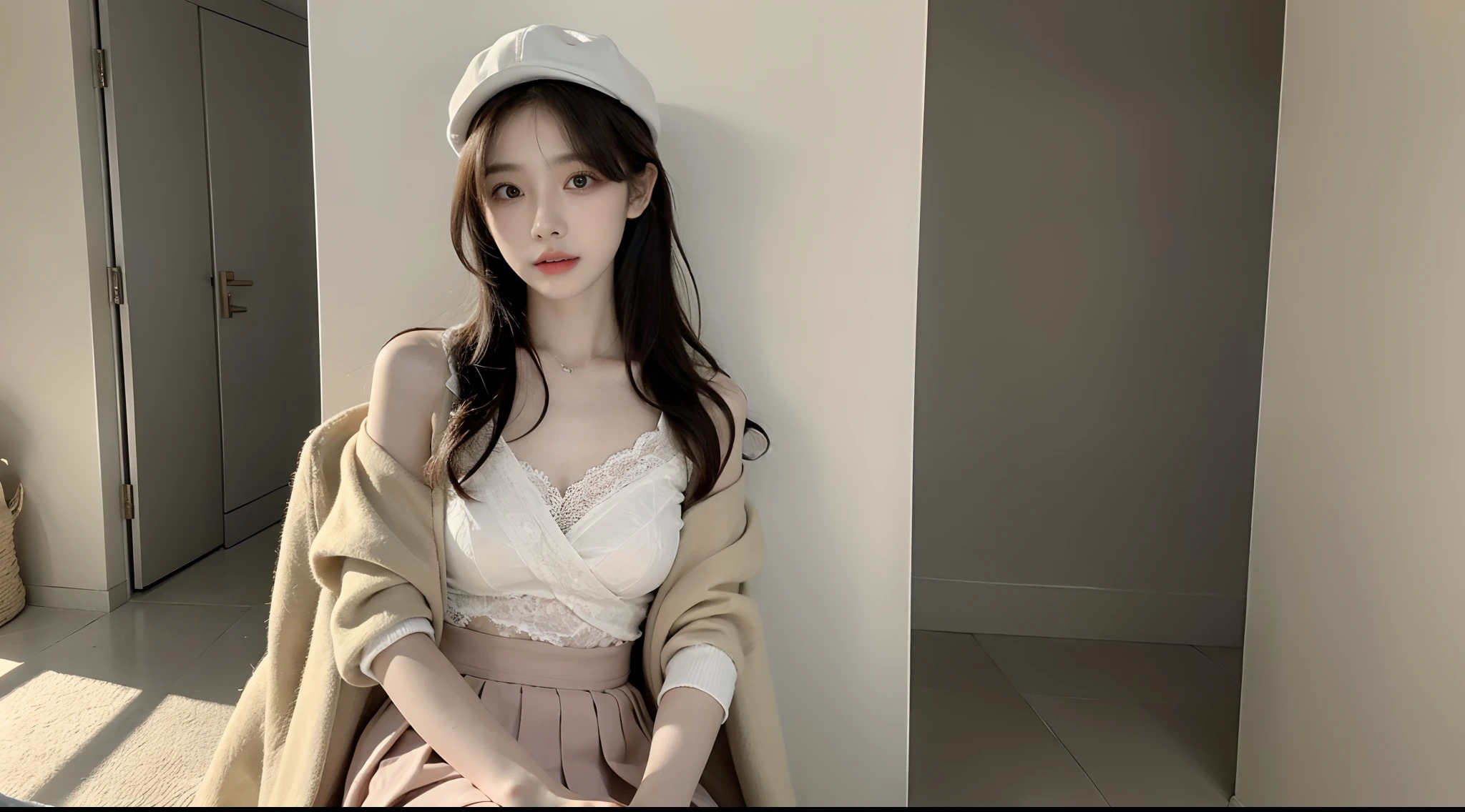 (High-resolution 8K raw photos are realistic,best qualtiy)，Fashion trendy beautiful and charming woman，gentle and charming Chinese beautiful woman，Korea,Kpop idol，delicate and sexy collarbones，charming oval face，二重まぶた，Ingenious[peaches]flower eyes，redish pink lips，small-nose，exposed bare shoulders，focus at face，closeup of face，Hyper-detailing，(The shirt is tight，Fashion women's cap，Light shawl small coat，White hip wrapped skirt:1.2)，Light red hair，Background bokeh，cleavage，long leges，(Seven-doppelganger shot，中景 the scene is，Solo：1.5)，Lace，lacing， Fresh and impressive， natural color，(A desert，Gobi，rays of sunshine，outside，stocklings)，Front light，sat on the ground