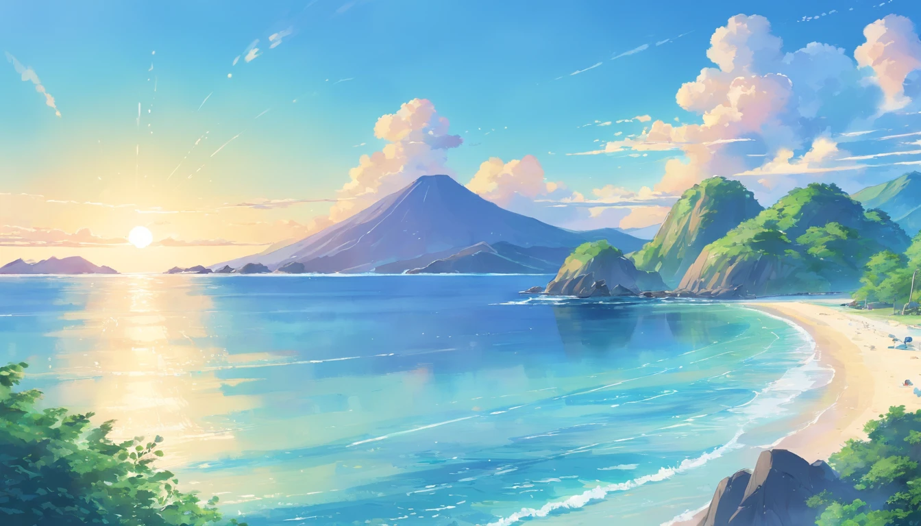 Watercolor illustration style,the sea,Four islands,Summer sky,(Masterpiece), (Best quality), (Ultra-detailed)