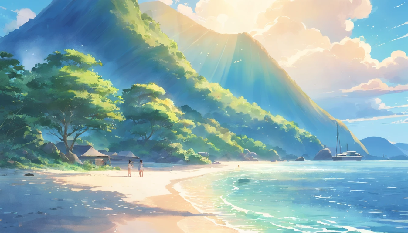 Watercolor illustration style,the sea,Four islands,Summer sky,(Masterpiece), (Best quality), (Ultra-detailed)