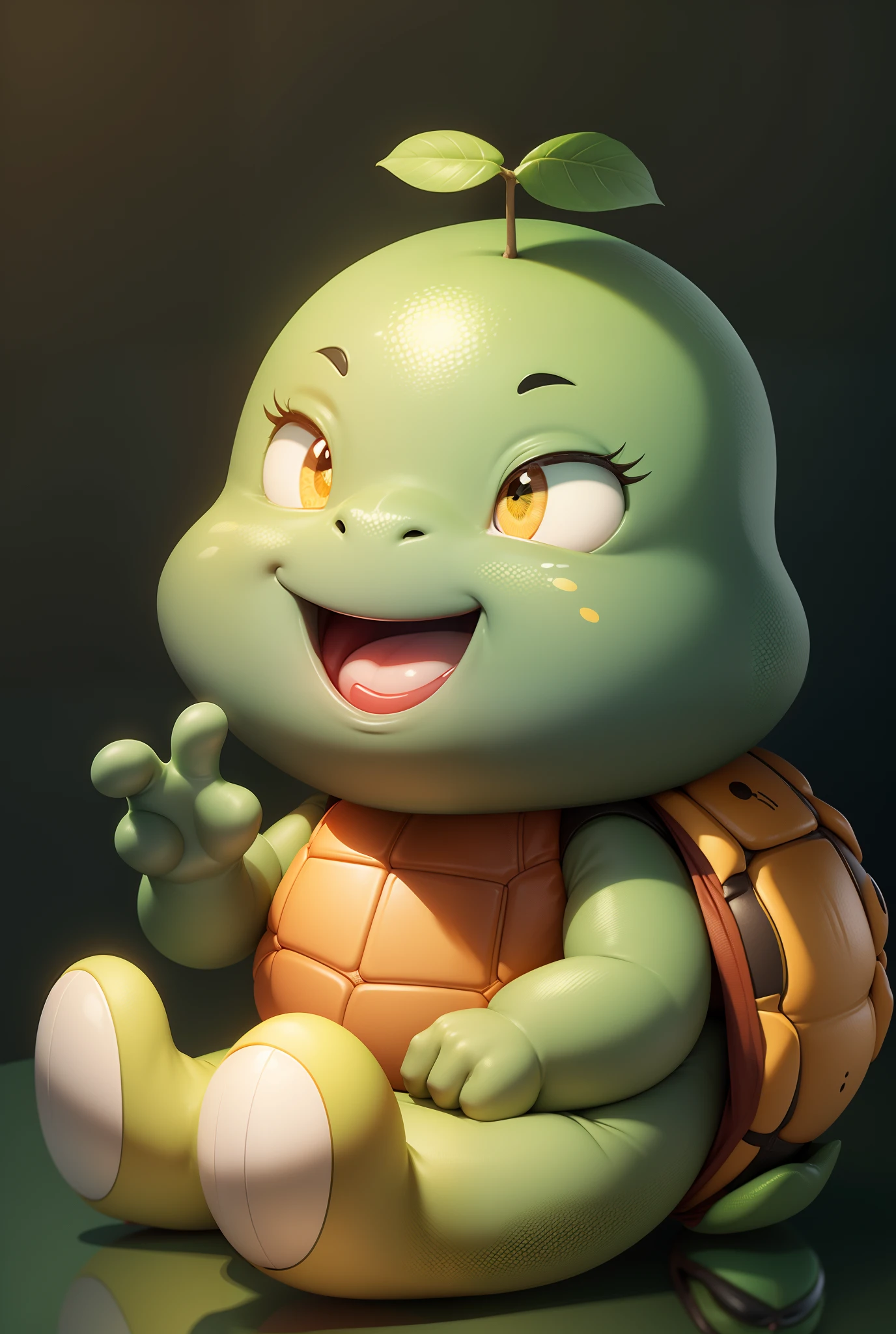 Cute cartoon,Rounded,Sit Pose,Green skin,Redfaced,黑The eye,Yellow belly,Brown turtle shell on the back,Make 2 gestures with your right hand,ssmile