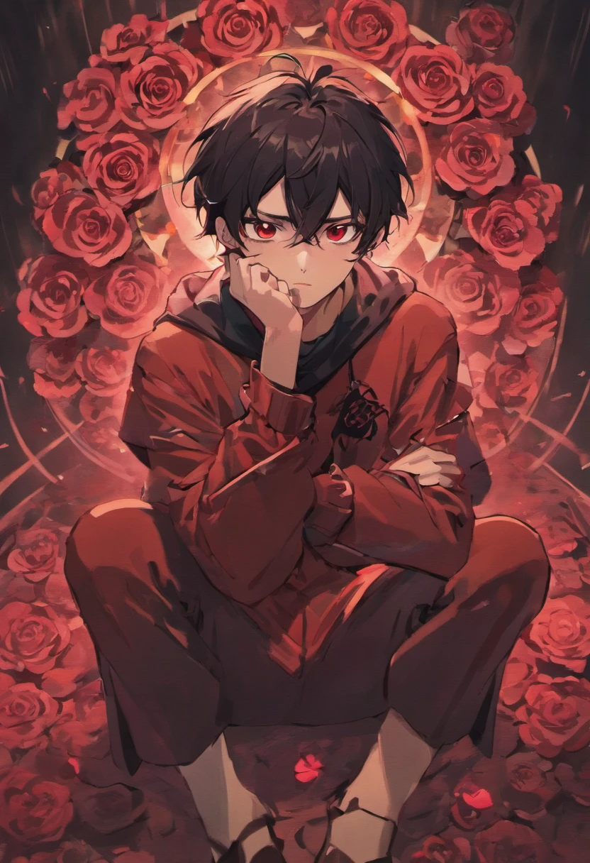 Describe a age Adult male with black hair and crimson rose-like eyes. Who is sitting with his right leg on top of his left leg and his hands holding his head like an antagonist in a fictional story
