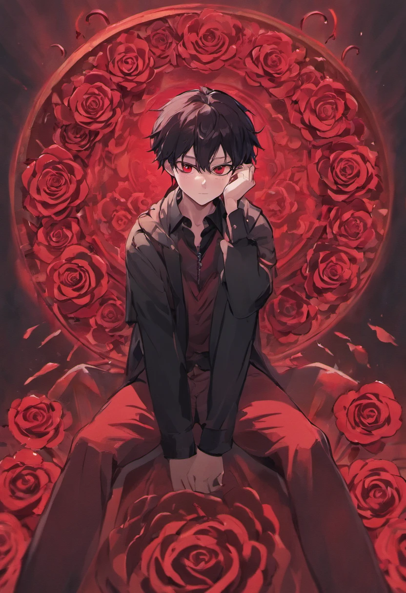 Describe a teenage Adult male with black hair and crimson rose-like eyes. Who is sitting with his right leg on top of his left leg and his hands holding his head like an antagonist in a fictional story