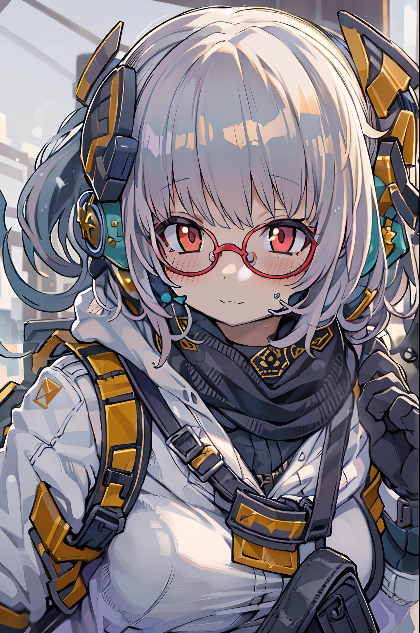 masutepiece , girl with, on battlefield, ( Light White Shorthair:1.2), (Red Eyes:1.2), (Russian military uniform:1.2), (look at viewr:1.2) , (8K, Best Quality 1.2), Ultra-detailed, 8K UHD, Soft lighting, High quality, Film grain, Beautiful lighting, Cinematic ,Perfect body , Best Illumination, Best Shadow, sharpness, Contrasty, Red glasses, hair messy, Tactical Vest, gloves, headset on head, Absurd high detail face