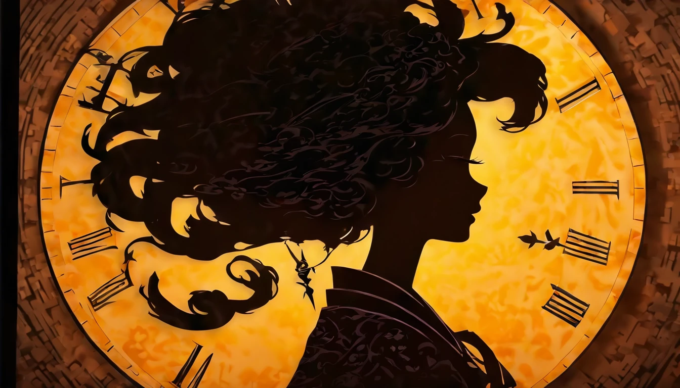 (Silhouette Art,cutouts:1.6)
(((Paper cutting art,A world where only black exists:1.3)
(Cowboy Shot),1 girl,Solo,
(Kimono Girl,profile:1.2),white, Clear and beautiful face,Sunrise behind
break
(Yellow clock)
Textured glass background,Arcana World