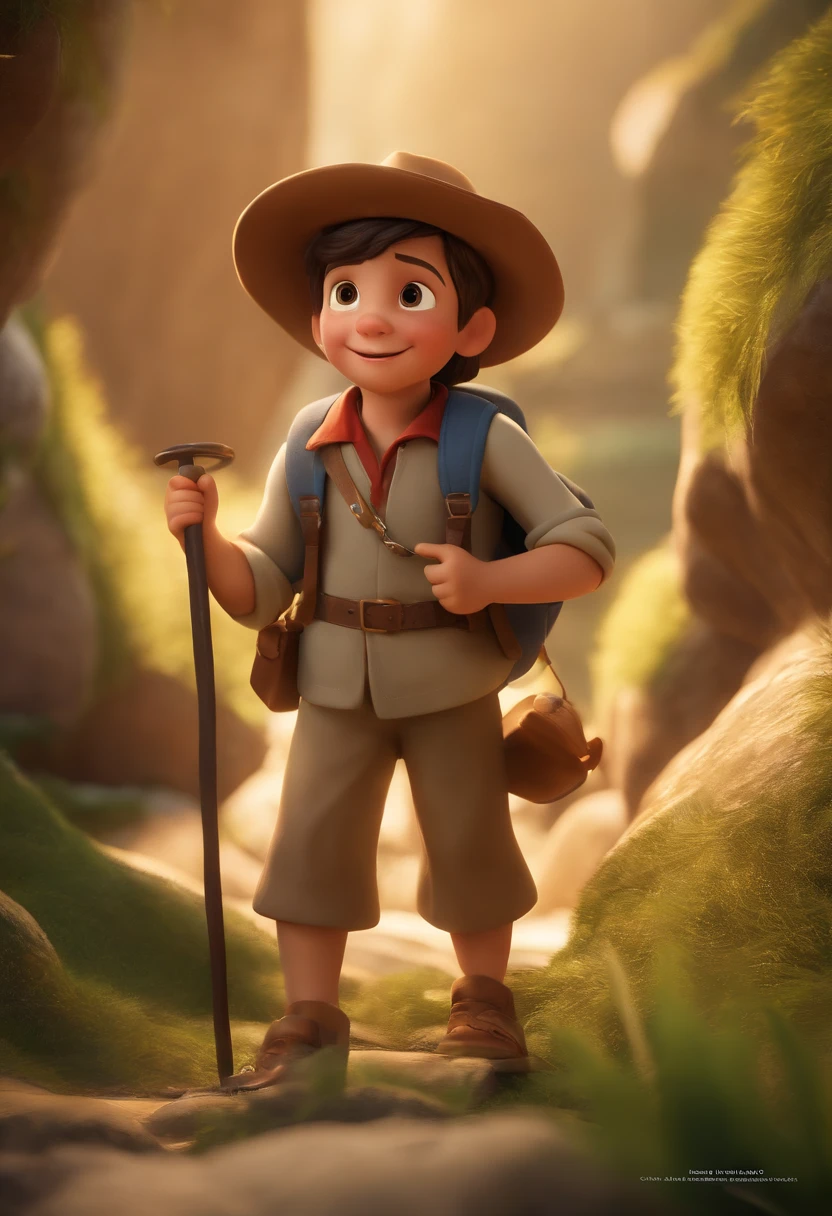 movie picture quality，style of disney animation，A  in a cave，Wearing archaeological overalls，short detailed hair，Carrying a large outdoor school bag，With a hat on，Holding a treasure map，leather shoes，Turn your head sideways and smile，depth of fields，high light，Real light，Ray traching，oc rendered，Hyper-realistic，best qualtiy，8K，Works of masters，super-fine，Detailed pubic hair，Correct anatomy，sharp focus on eyes，Bokeh，Facial features are carefully depicted