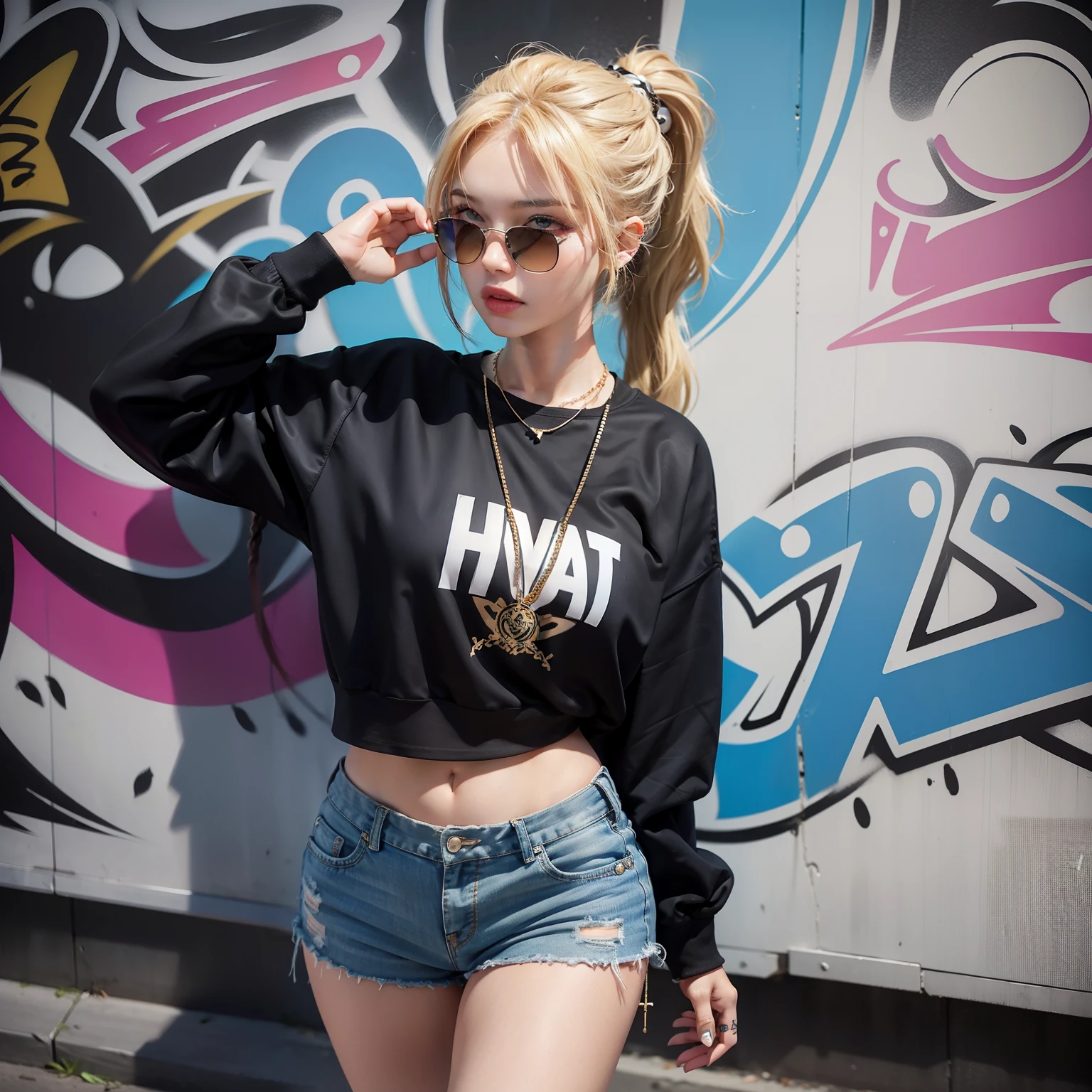 one pretty woman，Sexy figure，Bumpy figure，Fair face，Sweatshirt shorts to wear，Tattooed with，hip hop style，Graffiti walls，Wearing an exaggerated necklace，Blonde ponytail hair