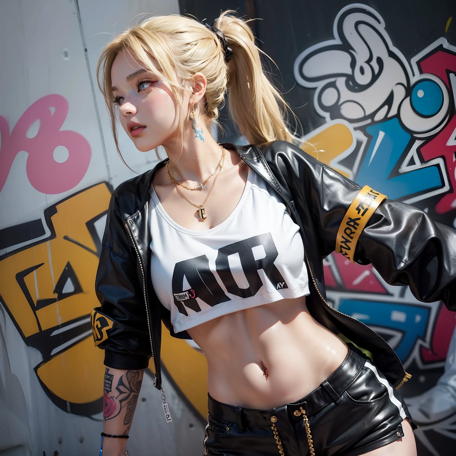 one pretty woman,Sexy figure,Bumpy figure,Fair face,Sweatshirt shorts to wear,Tattooed with,hip hop style,Graffiti walls,Wearing an exaggerated necklace,Blonde ponytail hair
