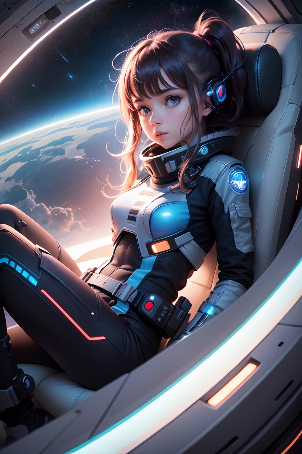 A girl piloting a spaceship in the vast universe,illustration,ultra-detailed,realistic:1.37,HDR,UHD,studio lighting,extreme detail description,professional,vivid colors,concept artists,cosmic colors,dramatic lighting