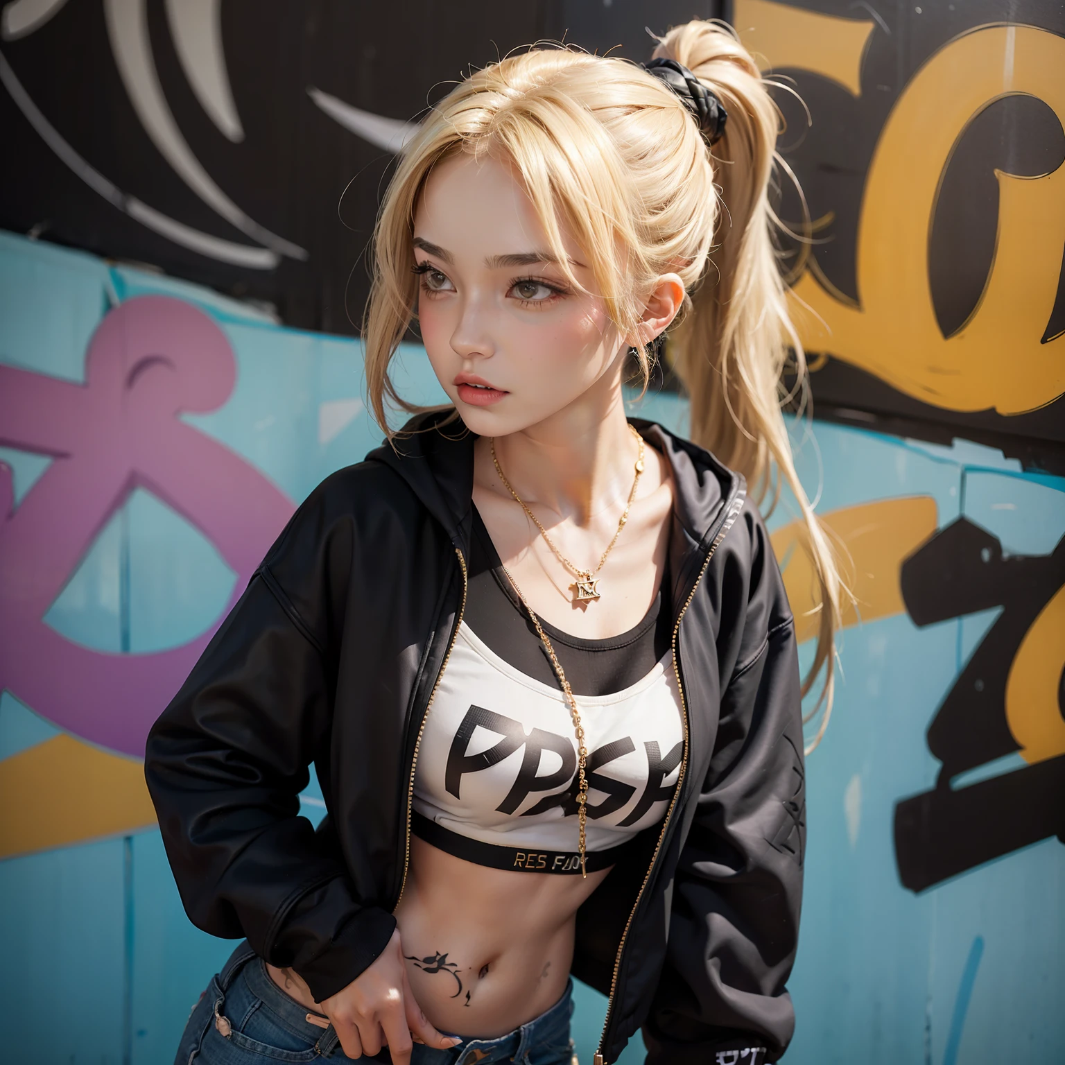 one pretty woman,Sexy figure,Bumpy figure,Fair face,Sweatshirt shorts to wear,Tattooed with,hip hop style,Graffiti walls,Wearing an exaggerated necklace,Blonde ponytail hair