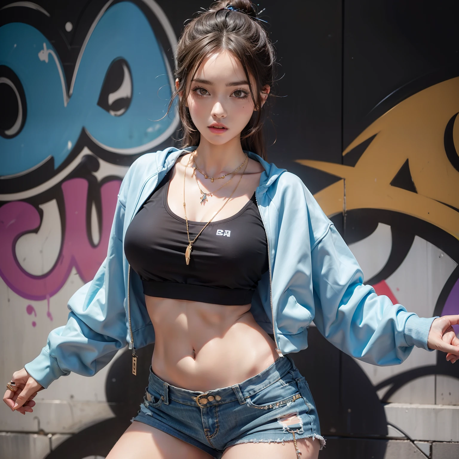 (highest quality、Super detailed)、(Real:1.37)、HDR、UHD、Studio Lighting、 Bright colors、Highly detailed eyes and face、Beautifully detailed eyes、Beautifully detailed lips、 Long eyelashes、A young and extremely beautiful woman、(Red long t-shirt、Wearing blue overalls)、(Wear a red newsboy cap)、White gloves、Wide-open legs、Squat、belly button、natural breasts、(Putting a lot of bills in your bra or panties:1.5)、On stage at a nightclub