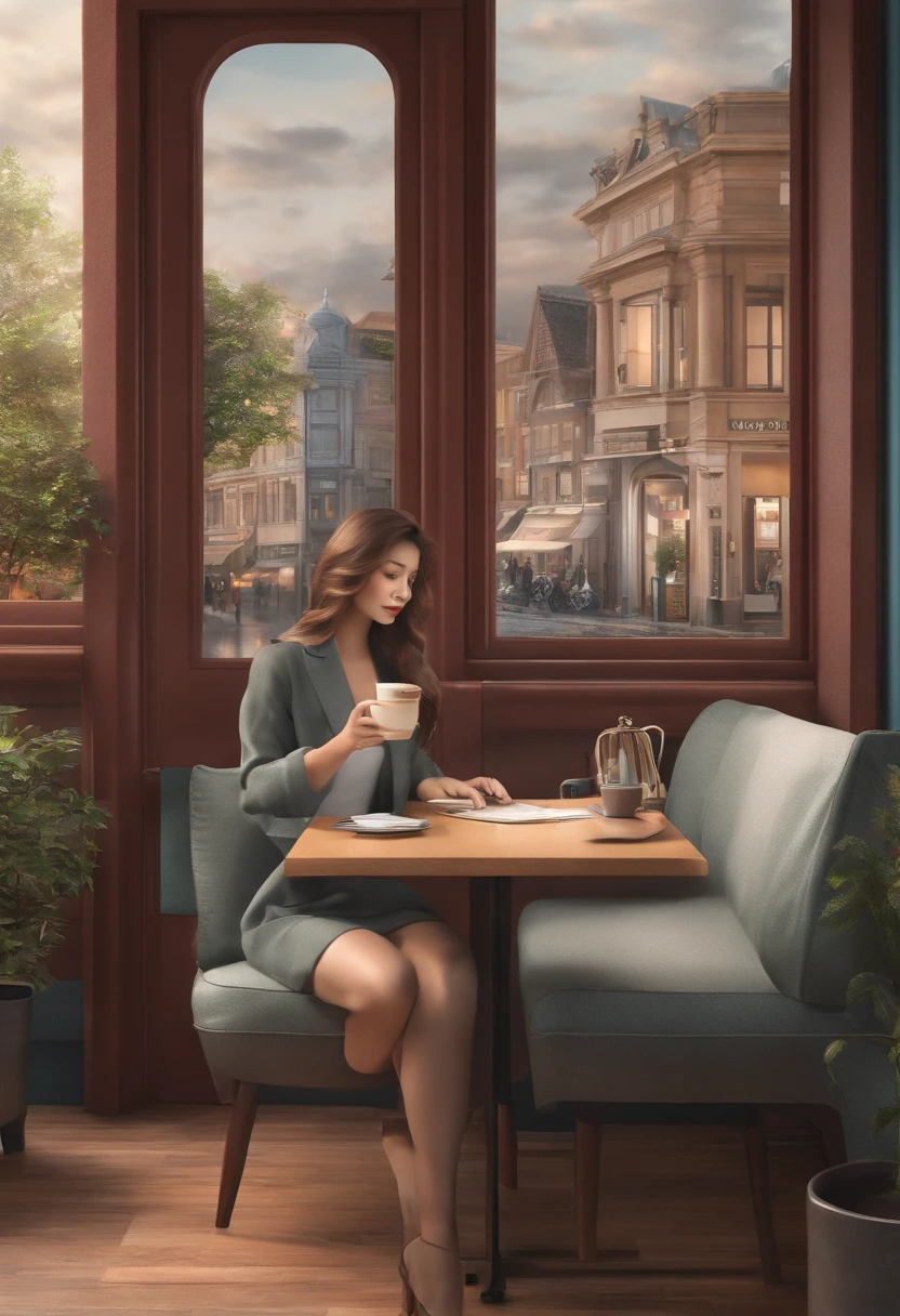 Objective or Theme:
Creating a Zoom avatar

Detailed Instructions:
Generate an image depicting a Japanese woman in a corner of a book cafe, with a cup of coffee in hand and a laptop open, engaged in a web conference.

Style and Tone:
Resemble a colored pencil drawing with a realistic touch.

Reference Information or Images:
A cityscape from a mid-sized city with a train station.