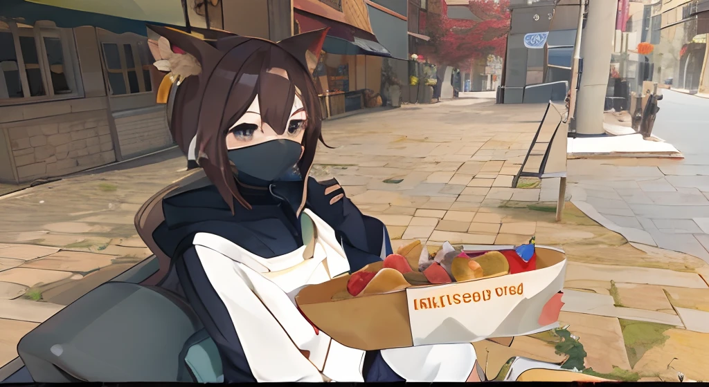 anime character holding a hot dog in a city square, vrchat, holding a baguette, with kitsune mask, in game, restaurant!, in front of ramen shop, hi - res scan, hi-res scan, rin, in-game, in - game, restaurant!!, mysterious coffee shop girl, wearing a kitsune mask, sitting in a cafe