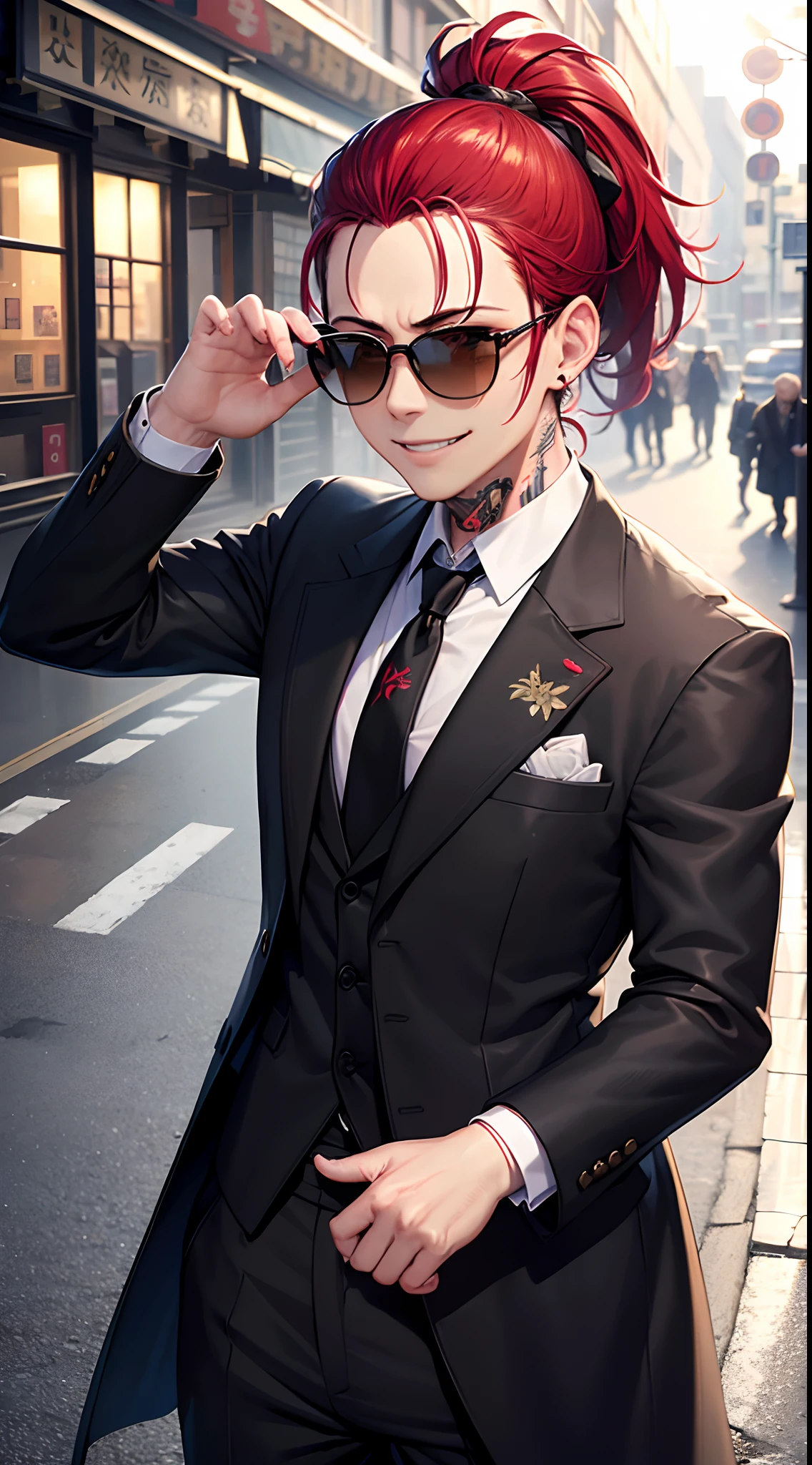 8k, masterpiece, extreme detail, expressive clothing, expressive hair, expressive face, 1male, yakuza, sunglasses, red ponytail hair, black coat and tie, black pants, formal suit, tattoo hands, smiling, adult, japanese streets, morning, sunshine, head to torso