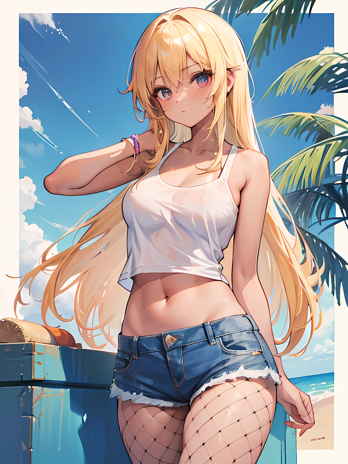 1girl, tanned, seductive girl, blonde hair, wearing fishnet pantyhose, denim shorts, plain white tank top, tropical background, sunset, highres, 8k, absurdres, masterpiece, looking at viewer, leaning towards viewer