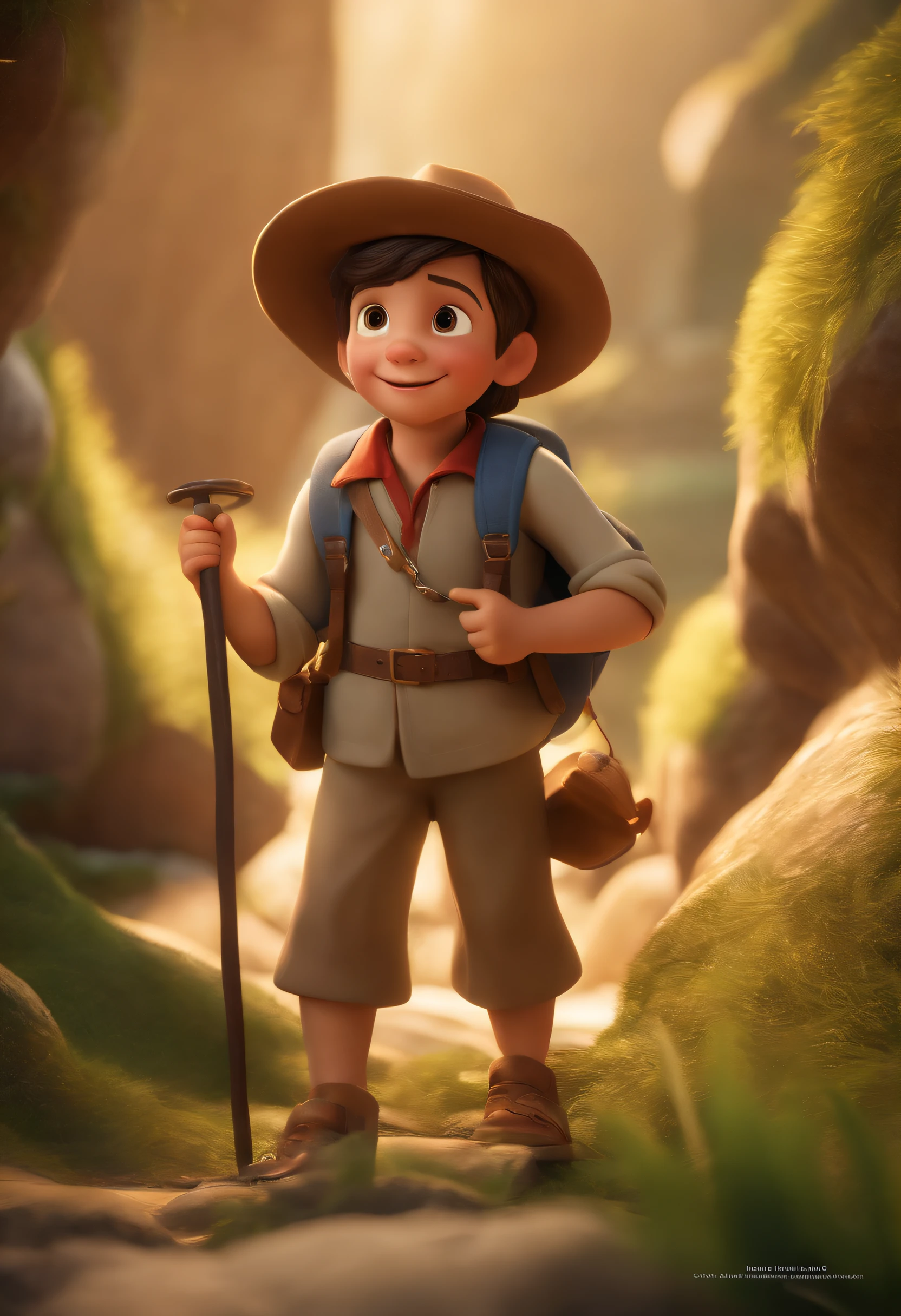 movie picture quality,style of disney animation,A in a cave,Wearing archaeological overalls,short detailed hair,Carrying a large outdoor school bag,With a hat on,Holding a treasure map,leather shoes,Turn your head sideways and smile,depth of fields,high light,Real light,Ray traching,oc rendered,Hyper-realistic,best qualtiy,8K,Works of masters,super-fine,Detailed pubic hair,Correct anatomy,sharp focus on eyes,Bokeh,Facial features are carefully depicted