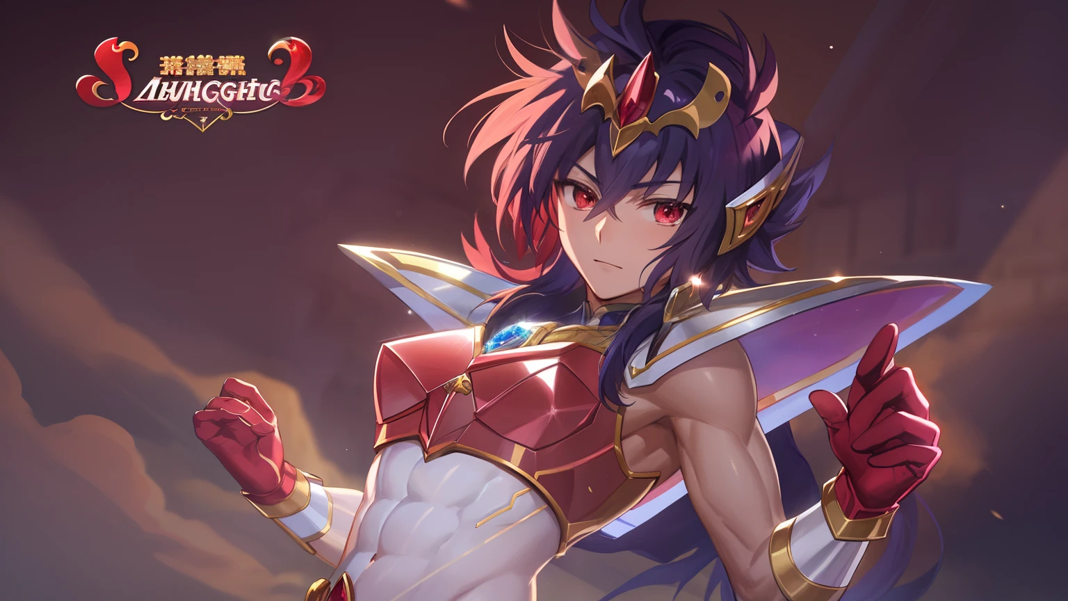 Close-up of man in dress costume holding sword, Knight of Zodiac Boy, Portrait Knight of Zodiac Boy, Boy with short red hair, Boy with brown eyes, Muscular men, masculine and muscular, Shining ruby armor, Enchanting Prince Night, Dressed in light armor, Dress Armor Boy, Shiny ruby armor, Galactic Prince, Crystal Ruby Armor, Hymns to the King as a Prince, High quality anime art style, smooth anime cg art, Prince Knight, digital manga art, Magical Boy Anime Mahou Shōnen, Prince of Ruby, Ruby reflective armor