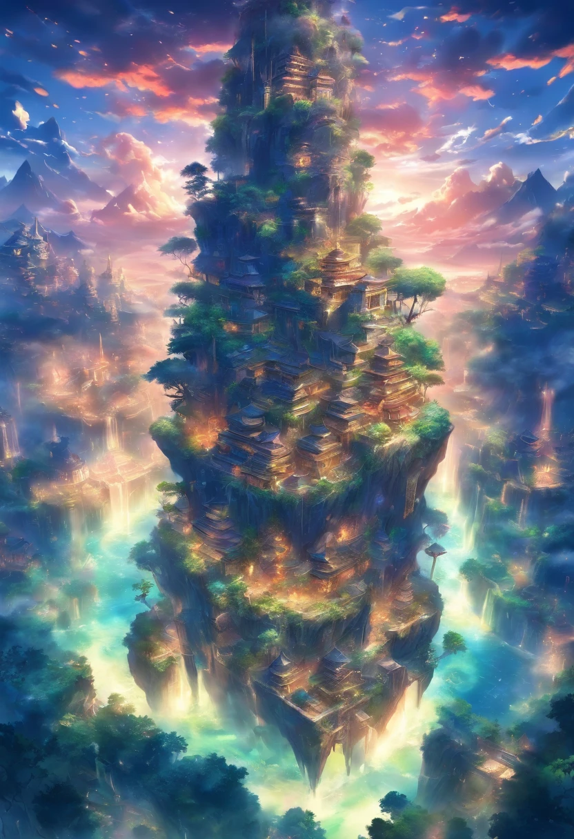 This is a large island in the sky, floating island, Decaying ruined cities and land in the sky, where once a prosperous city was formed, but the buildings made of stone and wood have decayed and are dominated by the life force of plants and trees. Artificial fountains, overhead view from a distance, angles from the sky, fantasy worlds,
