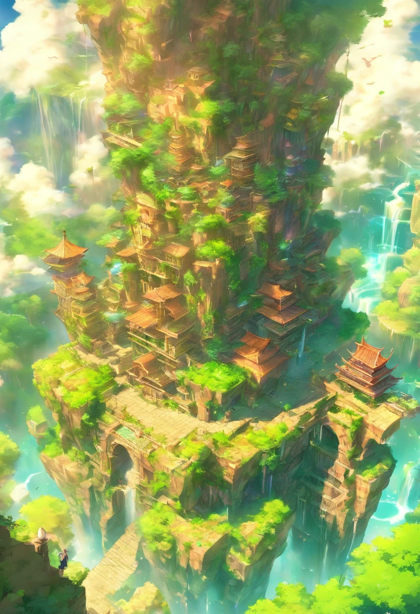This is a large island in the sky, floating island, Decaying ruined cities and land in the sky, where once a prosperous city was formed, but the buildings made of stone and wood have decayed and are dominated by the life force of plants and trees. Artificial fountains, overhead view from a distance, angles from the sky, fantasy worlds,