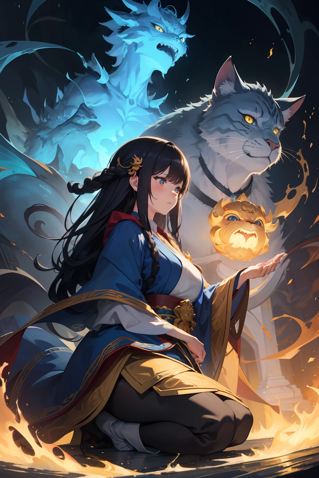 Create exquisite illustrations reminiscent of Makoto Shinkai's style, It features ultra-fine details and top-notch quality to create illustrations in which four creatures appear in front of the priestess, Looking down at her.

Blue Ghost (Blue Ghost): Draw a terrifying blue demon, Face like a mask, Looking down menacingly at the priestess.
Golden Komainu Monster (Golden Komainu): Place the Komainu Monster, Engulfed in golden flames, Right of the Blue Demon. I open my mouth a little and explain, As if mocking a priestess.
Catfish-like creatures (Catfish-like monsters): Place creatures similar to Ikutsu, By hand, It is located low on the left side of the Komainu. Its color must be gray. You should be looking at the priestess with curiosity or concern.
Cat (Cats): Drawing a cat under a catfish-like creature, Silently staring at the priestess.