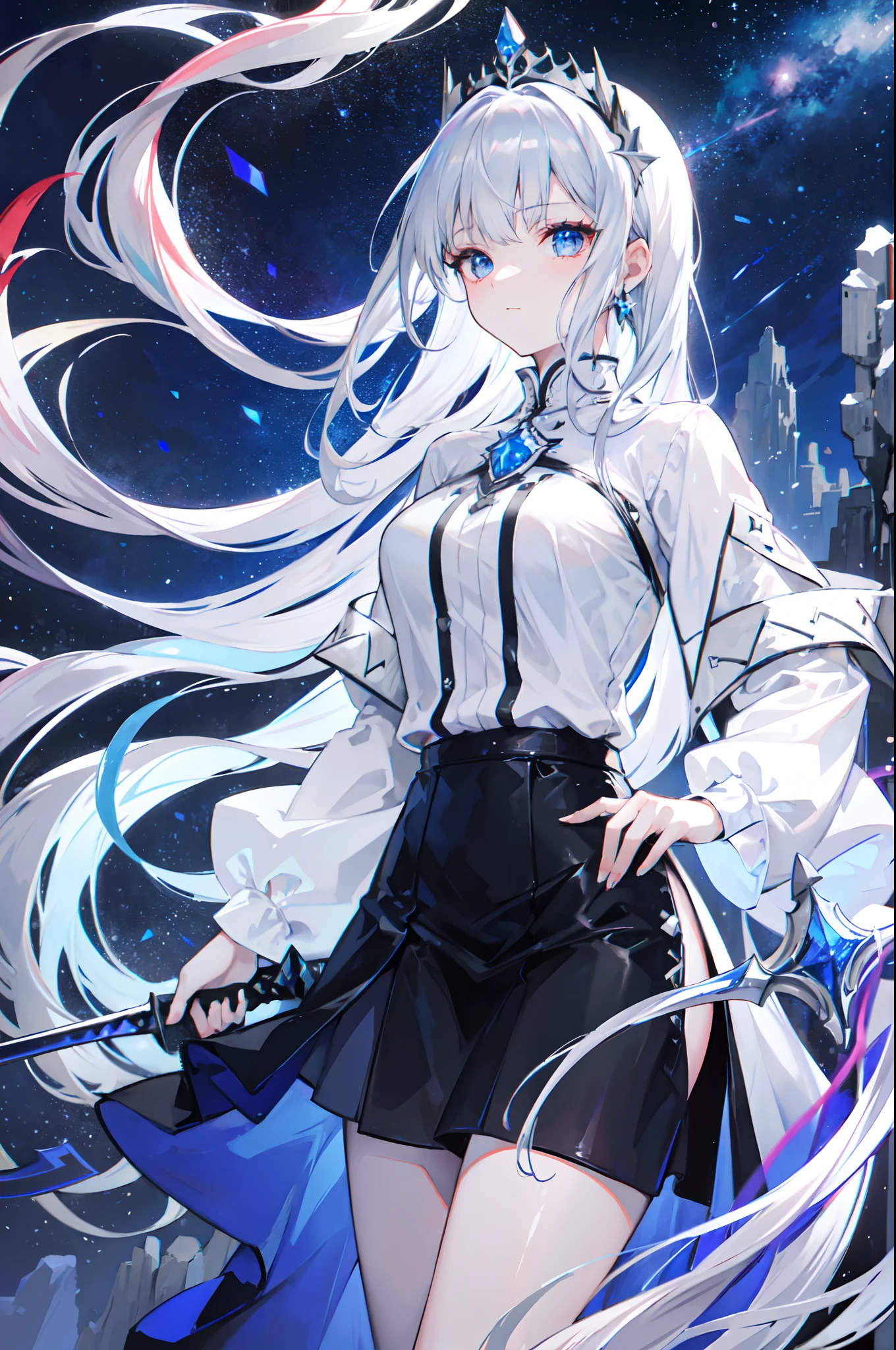 1Adult Lady, Long Silver-blue Hair, Crystal colored eyes, loose white cardigan, black short skirt, silver crowned tiara, single-edge red colored sword, ultra HD, cinematic view, starry skies, Floating Mountains