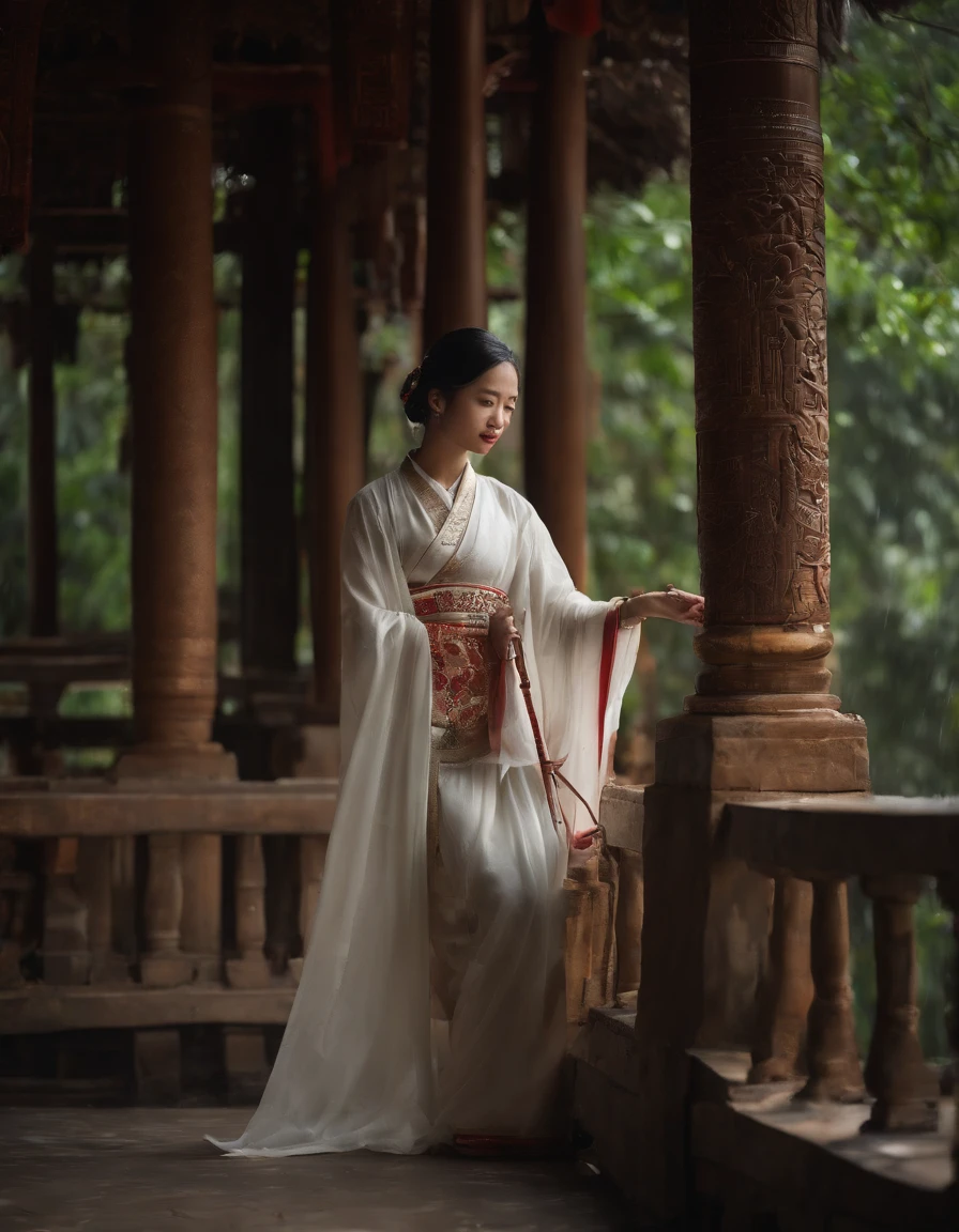 Girl in Hanfu,Beautiful face,Good figure,White skin and beautiful appearance,With an umbrella,Behind her is the temple,Walking alone in heavy rain,In the distance are mountains and waterfalls,tmasterpiece,Masterpiece,rich details,hdr