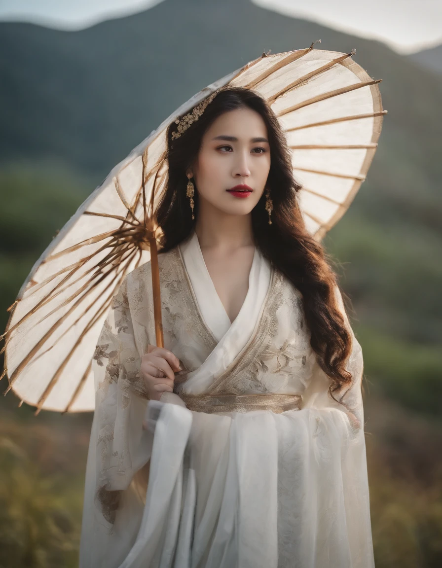 Girl in Hanfu,Beautiful face,Good figure,White skin and beautiful appearance,With an umbrella,Behind her is the temple,Walking alone in heavy rain,In the distance are mountains and waterfalls,tmasterpiece,Masterpiece,rich details,hdr